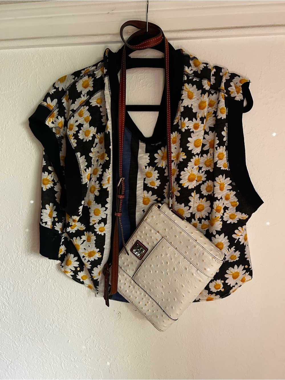 Free People Black and White Daisy Print Top with Yellow Centers and Blue Stripe